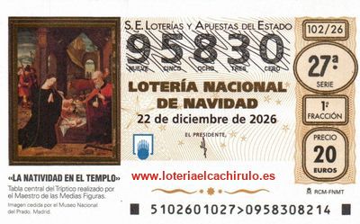 Anverso del d&eacute;cimo 95830 de la Loter&iacute;a de Navidad 2026, de Ribadavia (Ourense)